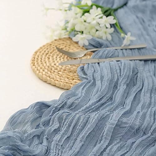 QPOR Dusty Blue Cheesecloth Table Runner Boy Baby Shower Wedding Decorations Spring Gauze Table Runner for Bridal Shower Party Winter Wonderland Decoration 35x120 Inches - Thumbnail 4