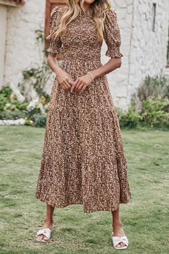 BTFBM Women Casual Summer Dresses 2026 Spring Crew Neck Ruffle Short Sleeve Smocked Floral Boho Flowy Maxi Dress Clothes(Floral Coffee White, Medium) - Thumbnail 3