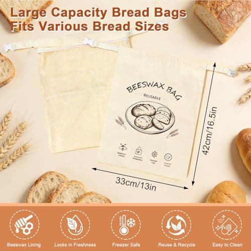 Beeswax Bread Bag 2 Pack, Reusable Organic Cotton Beeswax Bread Bags for Sourdough Homemade Bread, 17x13 Inch Large Capacity, Eco-Friendly, Keep Fresh, Locks in Moisture, Lock Closure, Easy to Clean - Thumbnail 6