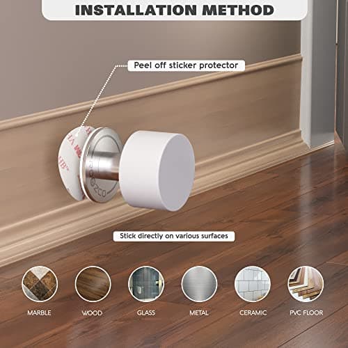 Door Stoppers 2-Pack with Extra Stickers - Two Self-Adhesive White Rubber Door Stops - Heavy Duty Stainless Steel Body with Sound Dampening Bumper Top - Ideal for Home and Office Use - Thumbnail 5