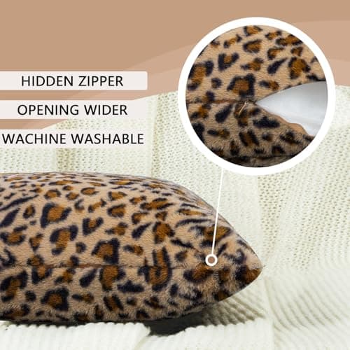 PRRPRR Leopard Throw Pillow Covers 18x18 Set of 2, Soft Faux Fur Cheetah Pillow Covers, Fluffy Decorative Cushion Covers with Hidden Zipper for Couch Sofa Bedroom Living Room Home Decor & Farmhouse - Thumbnail 2