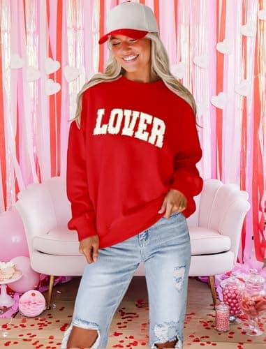 MAPICK Lover Sweatshirt for Women Long Sleeve Glitter Chenille Patch Letter Oversized Crewneck Tee Tops(Red, Small) - Thumbnail 2