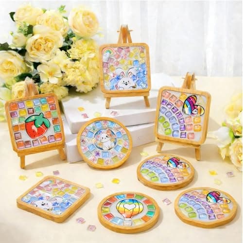 GHAHILI 3 Sets DIY Mosaic Kits for Adults Women Glass Mosaic Tiles for Crafts with Wooden Coasters Mosaic Art Kits Craft Mixed Color Handmade Making Kit Set Decorations for Home Gifts - Thumbnail 2