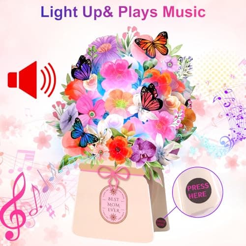 LIGHTS & MUSIC Mothers Day Pop Up Card, Orchid, Lily and Butterflies, 10 Inch Life Sized Forever Flower Bouquet Mother’s Day Cards from Daughter, Son, Husband, Gifts Cards for Mom Wife Grandma - Thumbnail 3