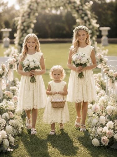 ALLOVIN Girls & Toddlers Sleeveless A-Line Lace Party Dress Birthday Wedding & Flower Girl Dress with Beaded Bowknot | Ivory | 2-3T - Thumbnail 3
