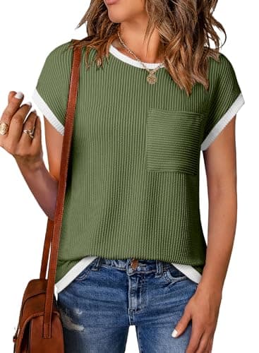 EVALESS 2026 Trendy Tops for Women Crewneck Short Sleeve Cute Solid Basic T Shirts Dressy Casual Loose Ribbed Knit Tee Fashion Blouses Spring Outfits Green Large - Image 1