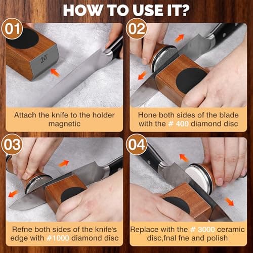 Rolling Knife Sharpener Kit, Knife Sharpener Tool with Replaceable Discs Diamond & Ceramic,15 & 20 Degree Multi-Purpose Magnetic Base, Suitable for Small, Medium, and Large Knives - Thumbnail 6