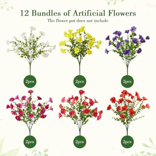 bakkiet Artificial Flowers for Outdoors, 12 Bundles Fake Plants for Outside Decoration, UV Resistant No Fade, Realistic High End Silk Plastic Morning Glory for Planter Porch Patio Yard - Thumbnail 3