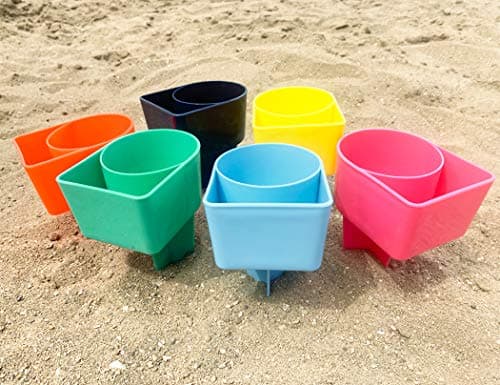 Home Queen Beach Cup Holder with Pocket, Multifunctional Sand Cup Holder for Beverage Phone Sunglass Key, Beach Accessory Drink Sand Coaster, Set of 6 (Navy, Teal, Yellow, Orange, Blue and Pink) - Thumbnail 6