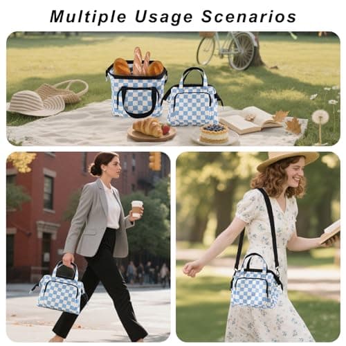 U+U Reusable Lunch Bag for Women Men Leakproof Lunch Tote Bag with Adjustable Strap, Holds Lunch Box, Snacks, Fruits for Work, Picnic or Travel - Insulated, Large Capacity, Waterproof (Blue Checkered) - Thumbnail 2
