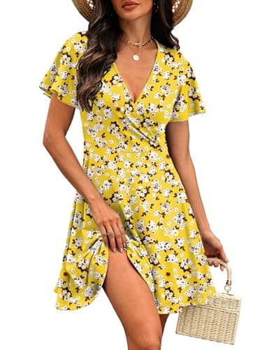 RUMIA Yellow Dress Women Wrap V Neck Formal Dresses for Wedding Guest Swing Graduation Dress Easter Sundresses XXL - Thumbnail 2