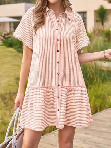 Wenrine Womens Summer Button Down Shirt Dress Casual Striped Puff Short Sleeve Collared Loose Mini Dresses with Pockets Pink - Thumbnail 2