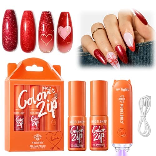 Modelones Red Glitter Gel Nail Polish Kit with UV Light, One Step Gel Polish Set No Need Base Top Coat, 3 in 1 Set Cherry Mocha Glitter Soak Off Led Nail Lamp Manicure DIY New Year Gift - Image 1
