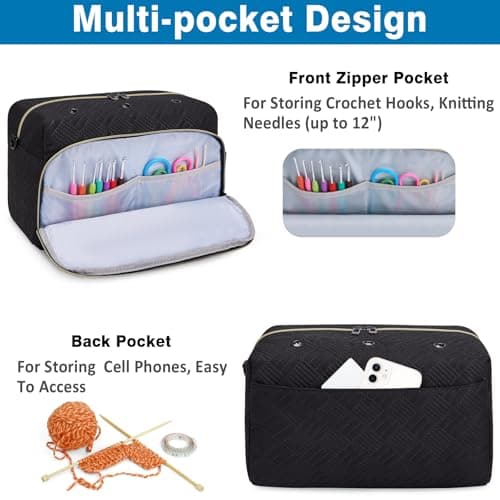IBFUN Crochet Yarn Knitting Bag 2 Pcs Yarn Storage Organizer Crocheting Bags for Beginners with Shoulder Strap for Knit Accessories Needles Hooks - Thumbnail 3