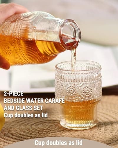 DmmyAlzx Bedside Water Carafe and Glass Set, 20.5oz Glass Pitcher with 6oz Tumbler Lid, Nightstand Water Container & Mouthwash Dispenser for Bedroom & Bathroom, Sunflower-Pattern - Thumbnail 2