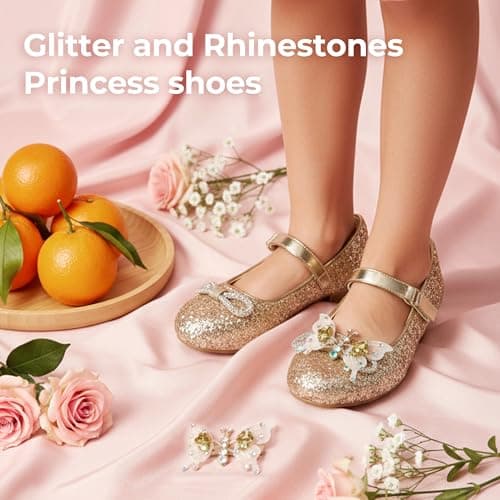 PATPAT Girls Dress Shoes Size 1 Big Kid, Gold Glitter Shoes with Butterfly Hair Clips, Sequins Rhinestones Bowknot Princess Low Heels Mary Jane Footwear Heels for Girls Dress Up - Thumbnail 5