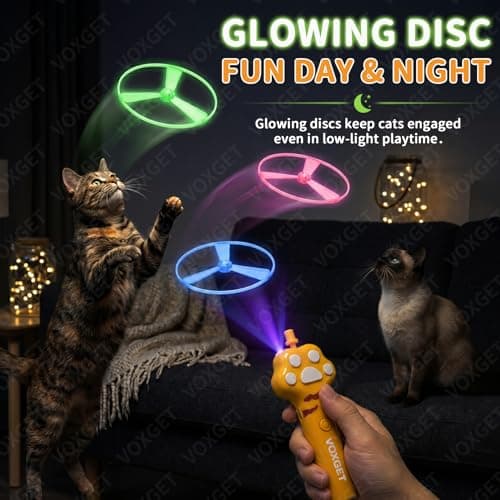 VOXGET Interactive Cat Flying Disc Launcher Toy, Rechargeable Disc Launcher with 8 Flying Discs, Enrichment Fetch Toys for Indoor Bored Kitten Adult Cats Hunting, Chase Toy for Dog Active Play(Yellow) - Thumbnail 6
