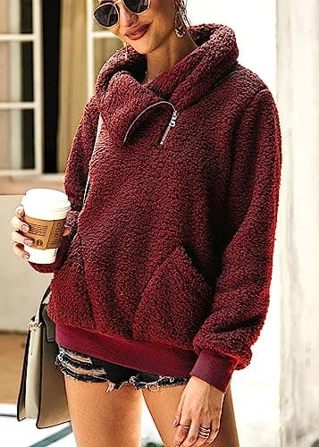 KIRUNDO Winter Clothing for Women Sherpa Pullover Fleece Zip Sweatshirt 2026 Fall Fashion Fuzzy Faux Shearling Warm Outwear(Large, Wine Red) - Thumbnail 3