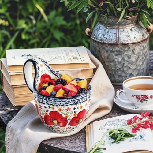 ALMA 2026 Updated Soup Bowls With Loop Handles Microwave & Oven Safe, 18oz Handpainted Flower Soup Mug for Women, Decorative Ceramic Cereal Bowls For Soup,Fruits,Stew,Ice cream,Snack-Red Lily Theme - Thumbnail 4