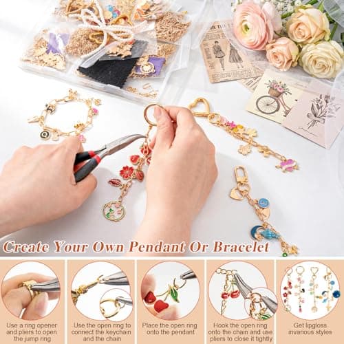 569Pcs Charms Lip Gloss Keychain Making Kit, Bracelet Making Kit, DIY Bag Charm Kit with Key Chain Hooks, Jump Rings, Lobster Clasps, Charms, Chains & Tools, Jewelry Pliers, Jewelry Craft Kit Supplies - Thumbnail 4