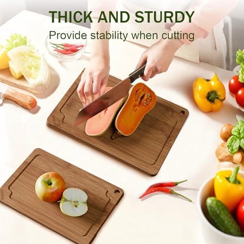 Bamboo Cutting Boards for Kitchen, Wood Cutting Board Set with Juice Grooves & Built-in Handles, Easy Storage & Clean Chopping Board for Meat, Vegetables, Fruit(2 Pcs) - Thumbnail 2