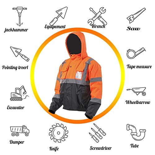 sesafety Reflective Jacket for Men, High Visibility Jackets, Safety Jackets for Men, Hi Vis Construction Bomber Jackets Waterproof with Pockets and Zipper, Black Bottom, Class 3 - Thumbnail 6