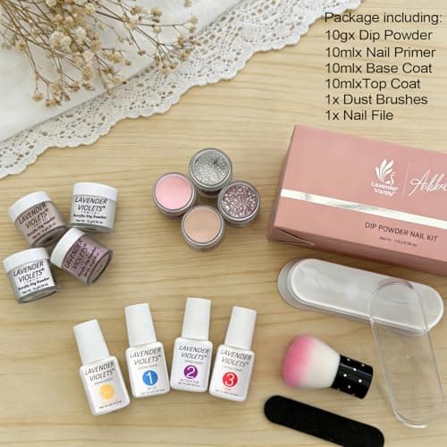 Lavender Violets Dip Powder Nail Kit for Beginners French Nail Kit– Clear,Nude, Pink,Diamond, Sliver Glitter Colors Nail Powder + Primer, Base/Top Coat, Activator, Tray, No UV Lamp Needed 09 - Thumbnail 6