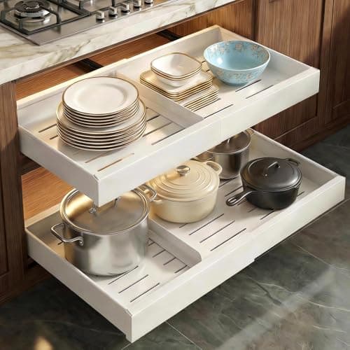 Tbzieoc 2-Pack Expandable Pull Out Drawers for Cabinets, 21" Deep Each, Adjustable 12–20" Width – Magnetic Dividers, Optional Riser, Heavy-Duty 3-Rail Glide, No-Drill Roll-Out Shelf Organizers, White - Image 1