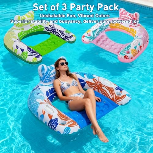 BSIEZC Pool Floats, Inflatable Pool Floats Adult & Kids 3 Packs, U-Shaped Water Floating Lounger with Headrest, Cup Holders, Handles, 3 Chambers, Portable Pool Float Chair for Summer Beach Pool Party - Thumbnail 2