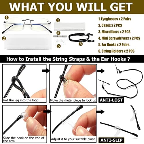 Yiwaeye 2 Pack Titanium Rimless Reading Glasses Anti Blue Light Glare Filter, Ultralight Spring Hinge Readers for Men Wowen Gold/Gunmetal +1.5 - Thumbnail 6