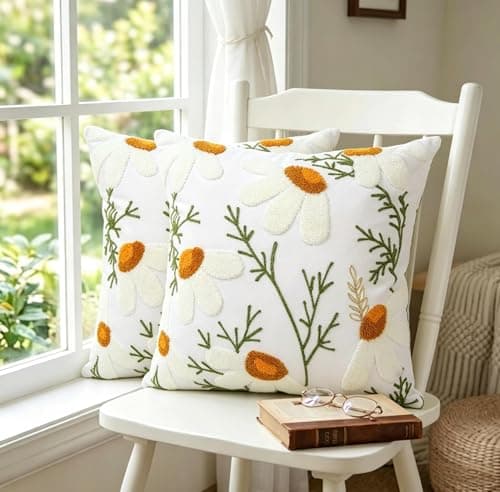 yuboo Daisy Embroidered Throw Pillow Covers 18x18 Inch, Decorative White Flower Cushion Cases with Textured Yellow Centers, Summer Farmhouse Decor, Set of 2 (Covers Only) - Image 1