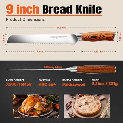 TUO Bread Knife, 9 inch Sharp Serrated Slicing Knife for Homemade Sourdough Bread, High Carbon German Steel, Ergonomic Handle, Gift Box Included - Thumbnail 6