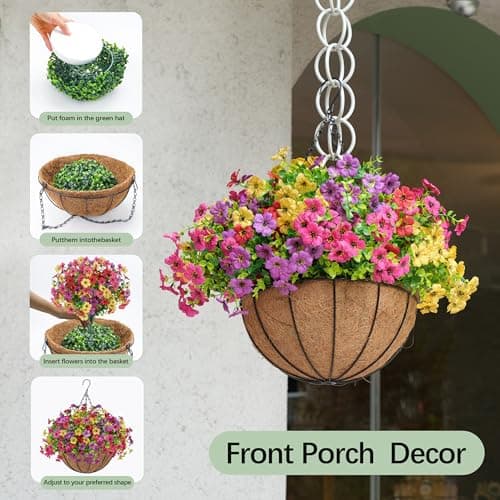 Der Rose Artificial Hanging Flowers Basket for Outdoors Fake Hanging Plants Spring Summer Decoration UV Resistant for Garden Front Porch Patio Balcony Decor - Thumbnail 4