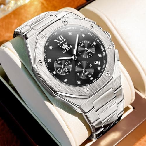 OLEVS Men's Watch Silver Stainless Steel with Black Dial Casual Watch for Men Quartz Analog 3ATM Waterproof Business Professional Style for Office Work Daily Commute 42mm Diameter Case Easy to Read. - Thumbnail 2