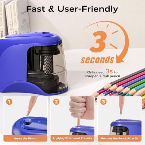 STAGEEK Electric Pencil Sharpener, Plug in or USB/Battery Operated. Works for No.2/Colored Pencils (6-8mm). Ideal for School Classroom Office Home, Blue - Thumbnail 4