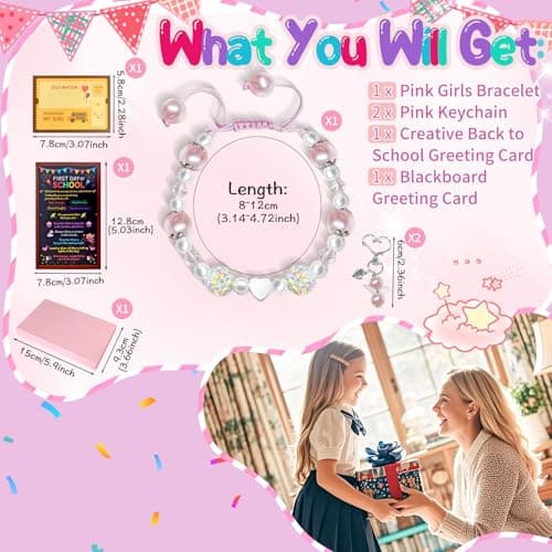 ELGLIM First Day of School Bracelet, First Day of Preschool Kindergarten 1st Grade 2nd Grade School Gift, Nice Back to School Gifts for Daughter Niece Granddaughter, Heart Bracelet with 2 Keychains and 2 Gretting Card. - Thumbnail 2
