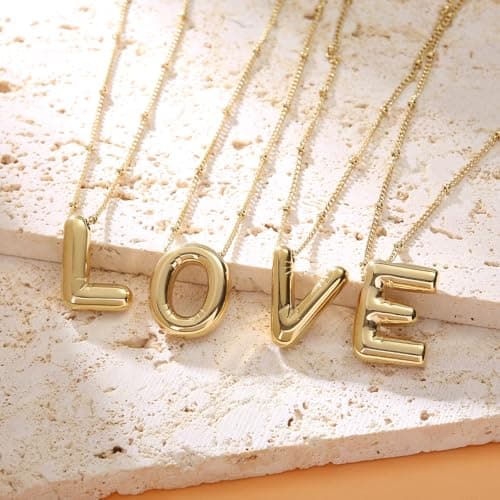 BOLAGTIER Bubble Letter Necklace Gold Plated Balloon Initial Chunky Bubble Alphabet Pendant Necklace Trendy Jewelry Gift for Women (W, Gold) - Thumbnail 4