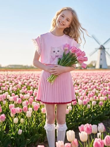 Girls Pink Knit Pleated Skirt with Red Trim, Elastic Waist Sweet Style Skirt for Teens 6-16Y - Thumbnail 4
