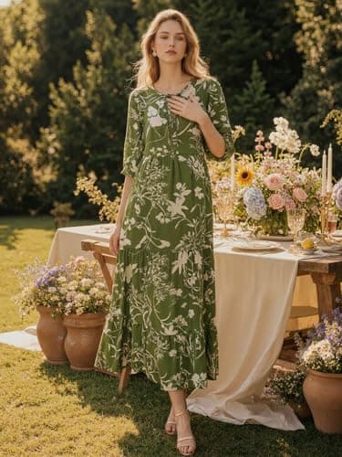 EXLURA Womens Summer Faux Linen Boho Maxi Dresses Oversized V Neck Half Sleeve Floral Flowy Casual Long Maternity Dress 2026 - Thumbnail 6