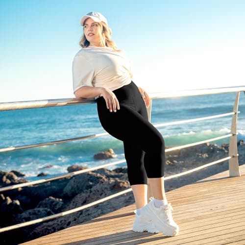 Walifrey Plus Size Capri Leggings for Women，High Waisted Buttery Soft Plus Capris for Gym Yoga Black 3XL - Thumbnail 4