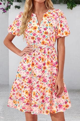 dowerme Women Summer Casual Dresses 2026 Puff Short Sleeve V Neck Floral Boho Midi Dress Flowy Ruffle Spring Sundress(Pink Flowers,Large) - Thumbnail 4