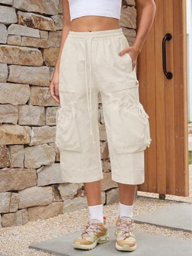 Aoysky Womens Wide Leg Cargo Pants Baggy Elastic Waist Drawstring Loose Cotton Workout Outdoor Capri Pants with Multi Pockets - Thumbnail 2