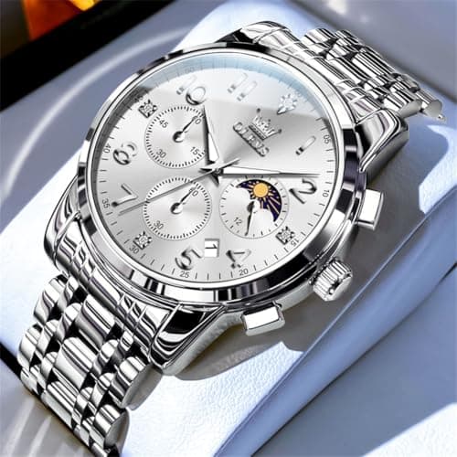 OLEVS Silver Watch for Men Luxury Chronograph Stainless Steel Waterproof Mens Watches Classic Analog Men's Wrist Watches Date Moon Phase Big Face Easy Read Man Watch Relojes para Hombres - Thumbnail 2