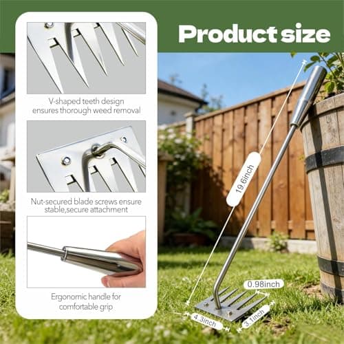Weed Puller Tool - 2026 Portable Manual Weeding Tools Gardening, 5 Teeth Head Stainless Steel Hand Garden Weeding Rake, Weed Remover Tool for Vegetable Gardening Yard Backyard Farm Planting & Weeding - Thumbnail 4