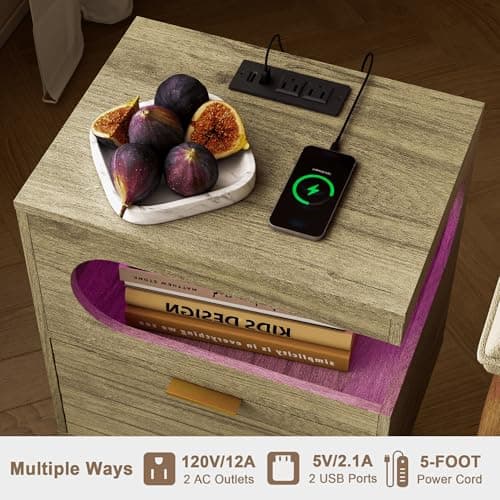 Veegle Nightstand with Charge Station,Modern Bedside Table with Storage Drawer and Open Wood Shelf, Accent Night Stand with Solid Wood Legs for Bedroom and Small Spaces (Grey Oak) - Thumbnail 5