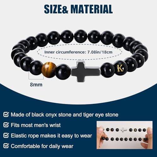 Mens Cross Bead Bracelet with Initials, Christian Rosary Obsidian A-Z Letter Black Onyx Tigers Eye Beaded Bracelet, Faith Religious Easter Catholic Communion Baptism Christmas Jewelry Gift for Men - Thumbnail 5