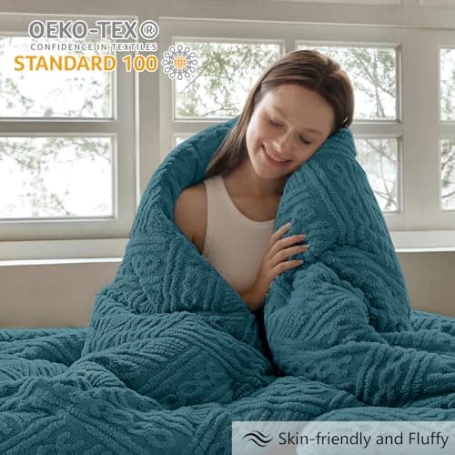 Homelike Moment Fluffy King Size Comforter Set - Teal Blue Fleece Warm Marshmallow Comforter for Winter, Luxury Fuzzy Sherpa King Bed Set 3 Piece - Thumbnail 2