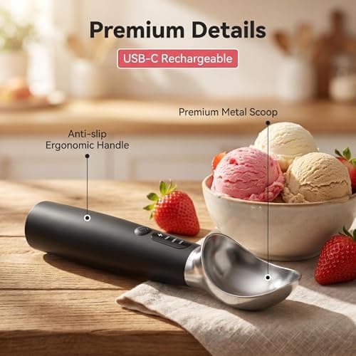 Electric Heated Ice Cream Scoop, Fast Heating with 3 Temp Settings (120/140/160°F), Rechargeable 2600mAh Battery, LED Display, IPX7 Waterproof, Ergonomic Non-Slip Handle for Rock-Hard Ice Cream - Thumbnail 4