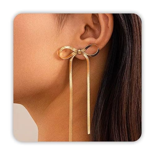 DAYANEY Bow Earrings Gold Prom Earrings for Women, Long Gold Dangle Earring Bow Prom Jewelry as Statement Ribbon Earring, Drop Tassel Earing as Wedding Earing Jewelry Trendy - Image 1