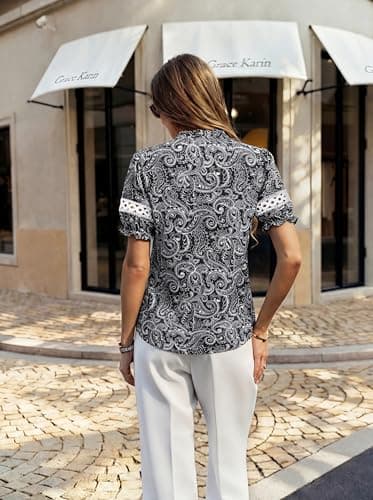 GRACE KARIN Women Boho Floral Tops, Summer Short Eyelet Sleeve Dressy Casual Shirts, Spring Button Down Blouse 2026 Trendy Black Small - Thumbnail 2